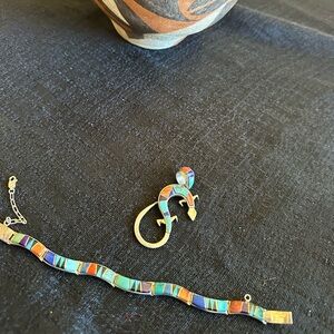 Calvin Begay Native Inlay Lizard Pendant and Bracelet Set